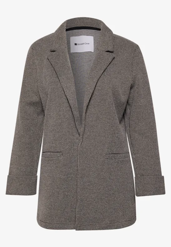 Veste blazer grise en tissu fin, col à revers, manches longues et poches plaquées.