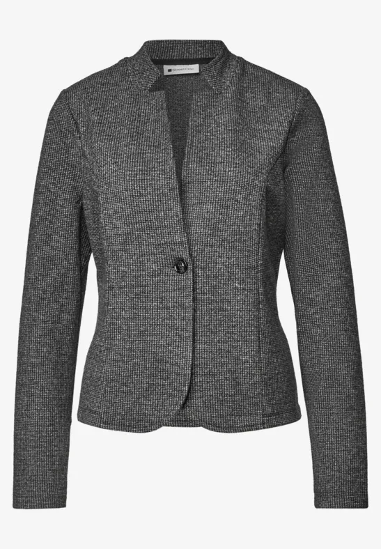 Eleganter taillierter grauer Damen-Blazer mit Ein-Knopf-Verschluss und leicht strukturiertem Stoff.