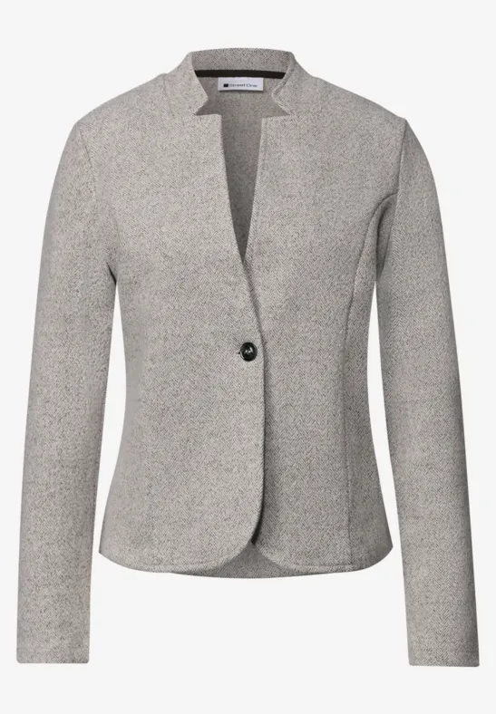 Grijs getailleerd damesblazer met éénknopsluiting en moderne reverskraag.