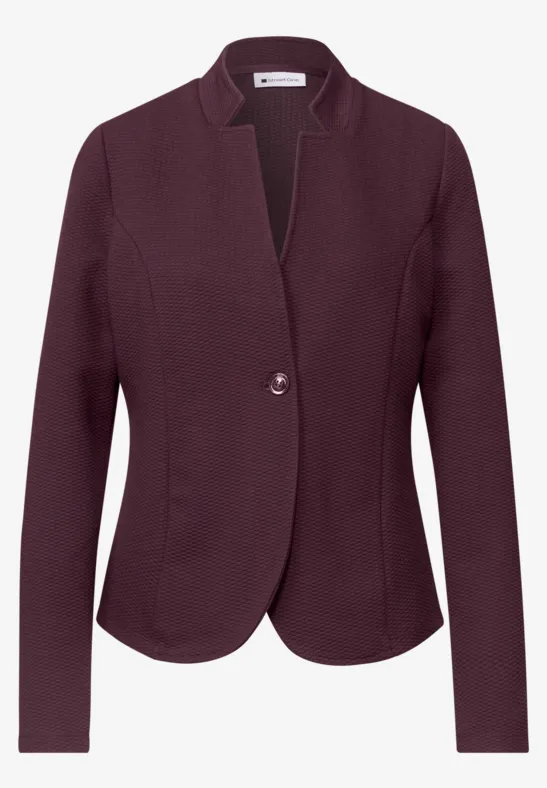 Bordeauxfarbener Damenblazer mit einem Knopf, V-Ausschnitt und langen Ärmeln.