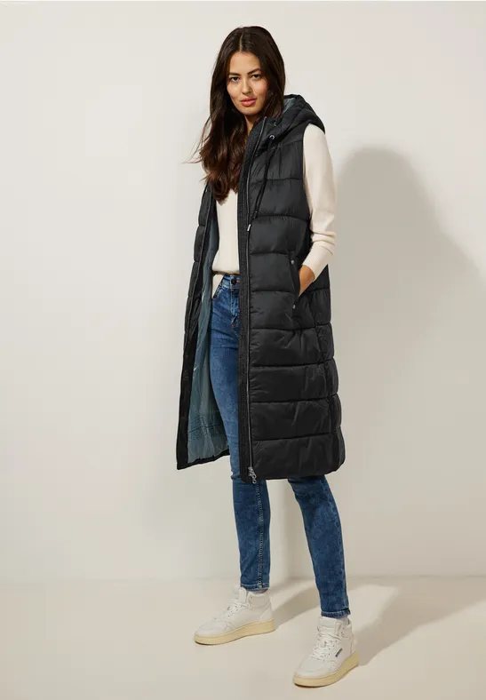 Long gilet matelassé à capuche Black