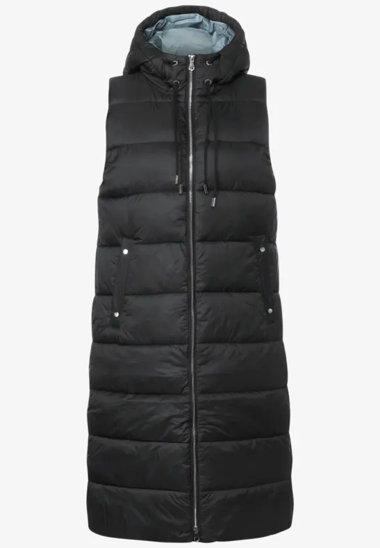 Long gilet matelassé à capuche Black