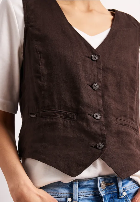 Gilet en lin à col V et boutons espresso brown
