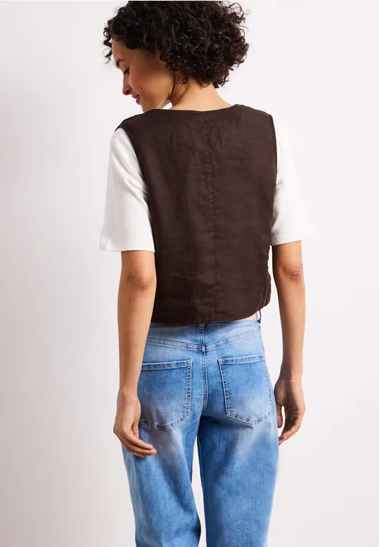 Gilet en lin à col V et boutons espresso brown