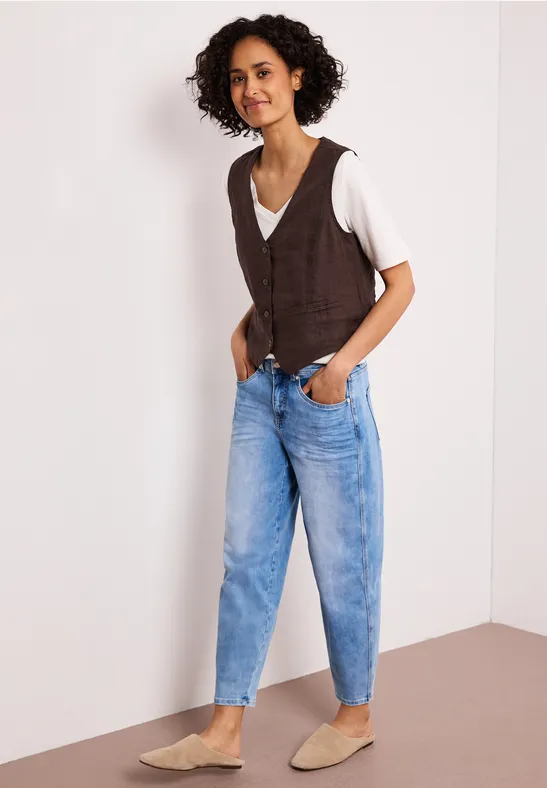 Gilet en lin à col V et boutons espresso brown