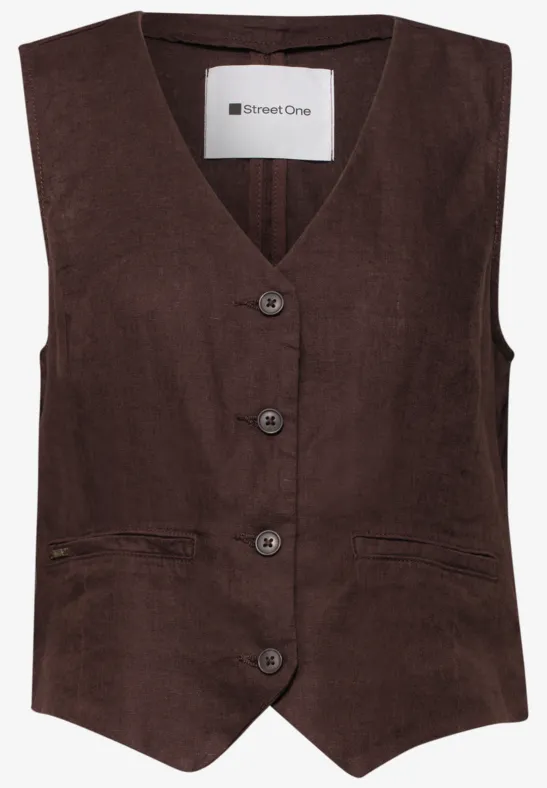 Gilet en lin à col V et boutons espresso brown