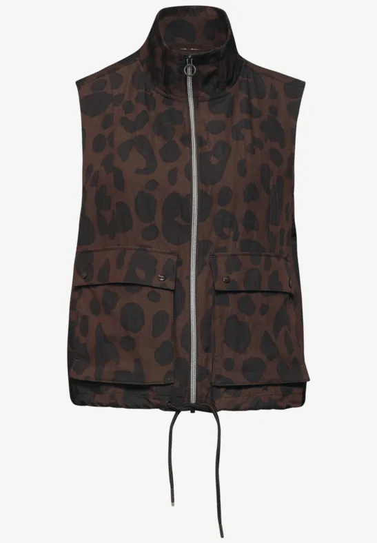 Gilet sans manches à motif léopard marron et noir, fermeture éclair, poches à rabat et cordon de serrage.