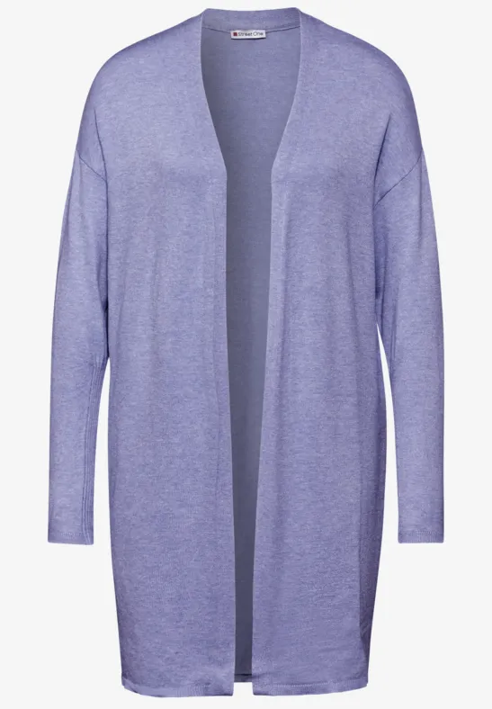 Langer, fliederfarbener Cardigan mit offenen Vorderseiten.