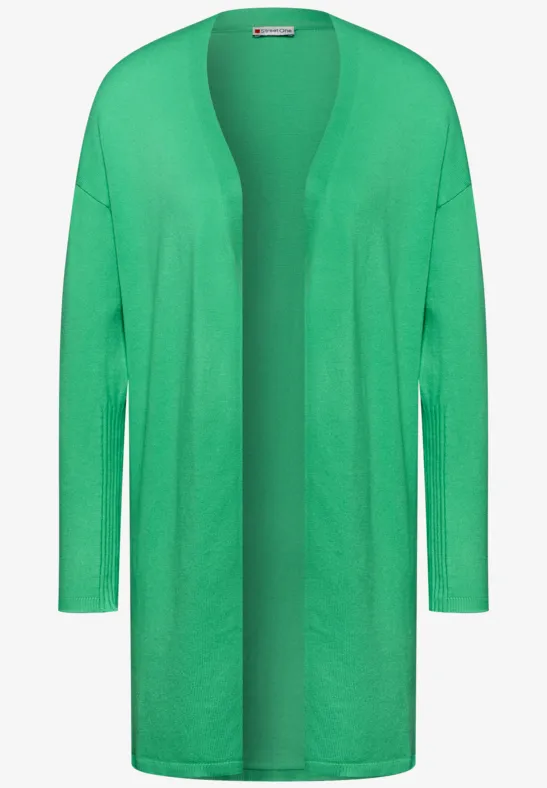 Grüner, langer, offener Cardigan mit langen Ärmeln.