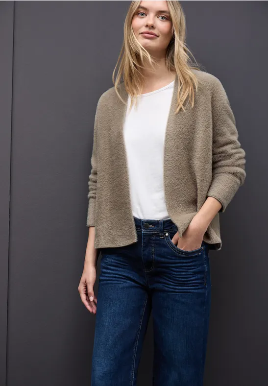 Offener Federgarn-Cardigan mocha glow