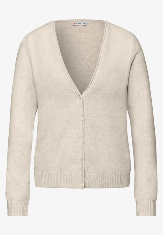 Beige Damenstrickjacke mit V-Ausschnitt und langen Ärmeln