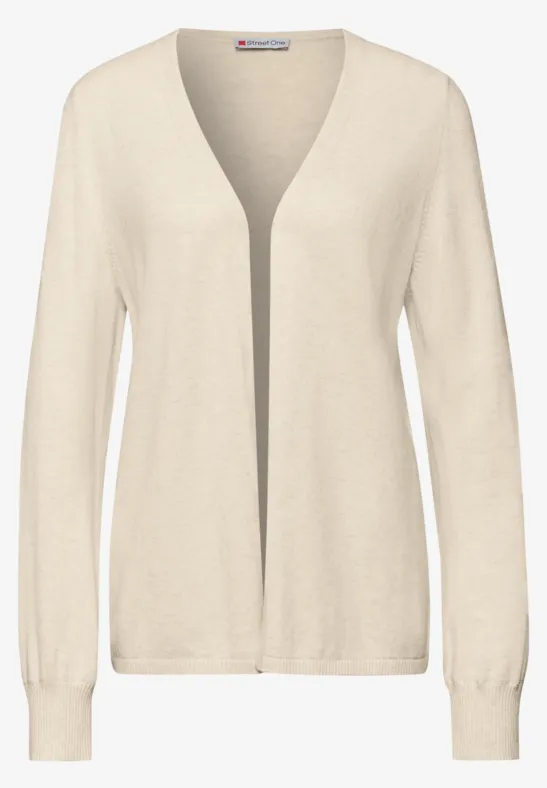 Lichtbeige open cardigan van fijne tricot met V-hals en lange mouwen