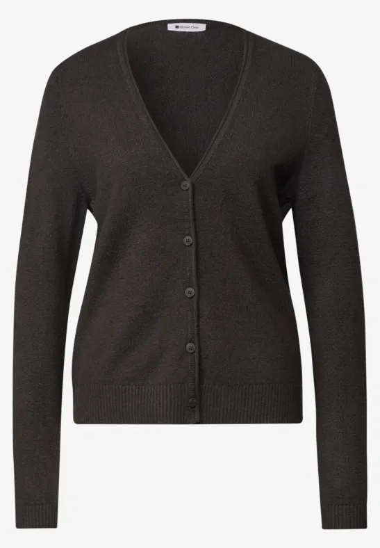 Dunkelgraue Strickjacke mit V-Ausschnitt, langen Ärmeln und durchgehender Knopfleiste.