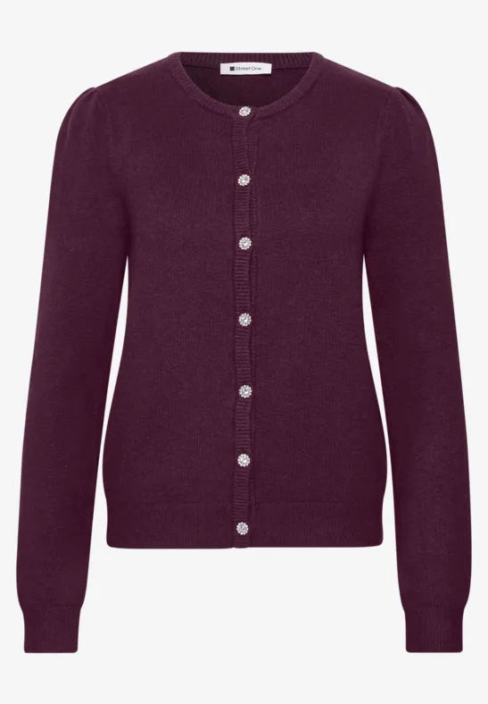 Donkerpaarse gebreide cardigan met ronde hals en knoopsluiting.
