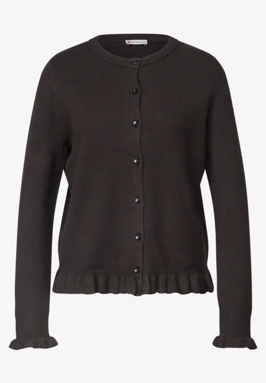 Donkerbruine gebreide cardigan met knopen, ronde hals en ruches aan mouwen en zoom