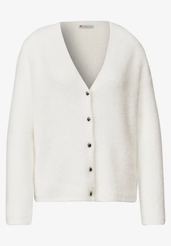 Weißer, flauschiger Cardigan mit V-Ausschnitt und Knopfleiste, locker geschnitten