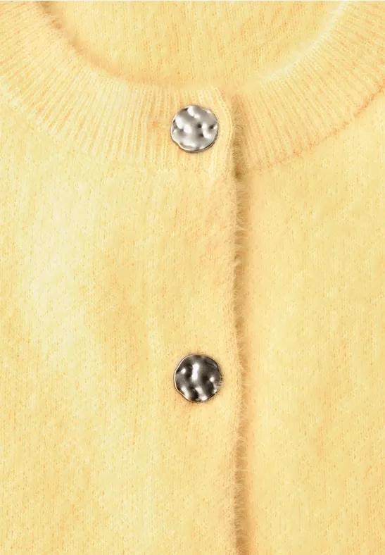 Lichtgele gebreide cardigan met ronde hals en zilverkleurige hamerslagknopen