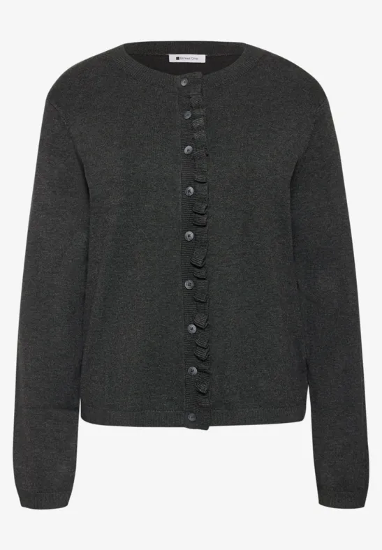 Cardigan en maille gris foncé avec volants le long de la patte de boutonnage