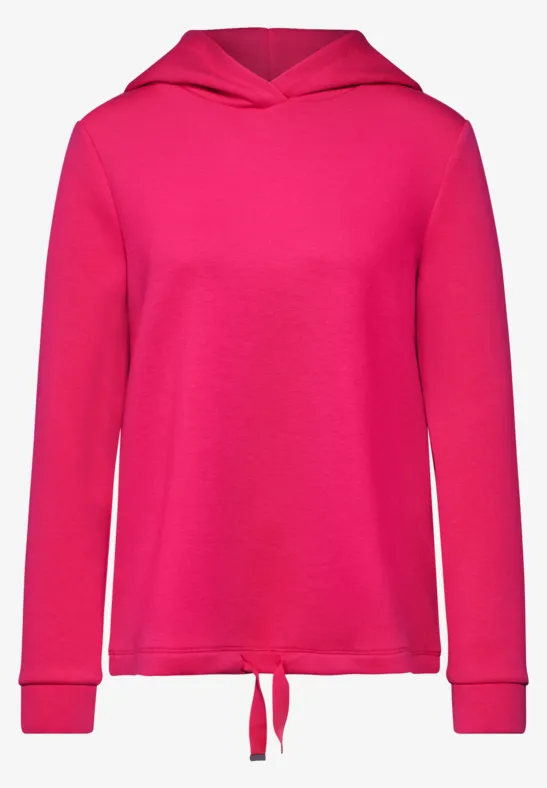 Pinkfarbener Kapuzenpullover mit langen Ärmeln und Kordelzug unten.