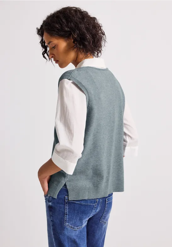 Mouwloze trui met V-hals nile blue mel.