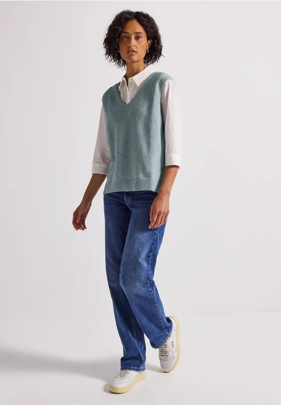 Mouwloze trui met V-hals nile blue mel.