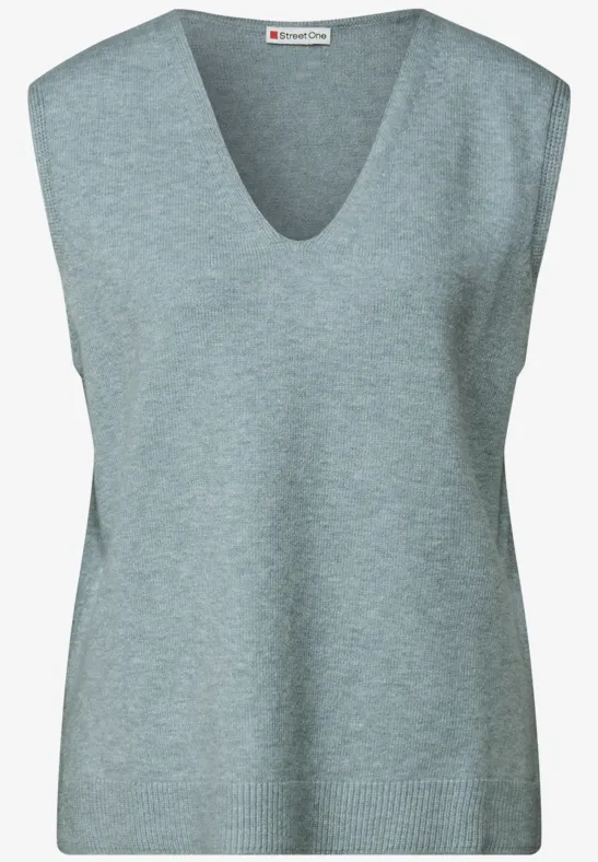 Mouwloze trui met V-hals nile blue mel.