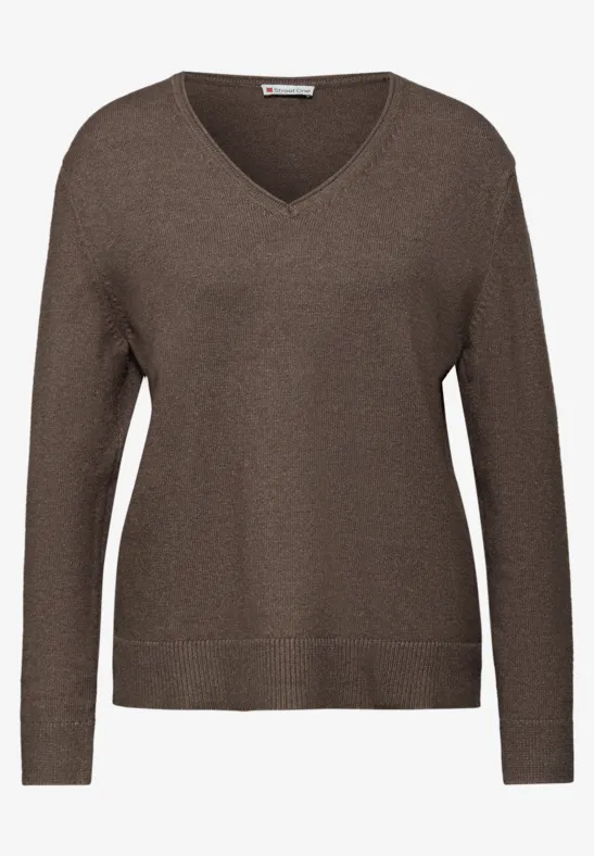 Gezellige trui met V-hals nomad brown mel.