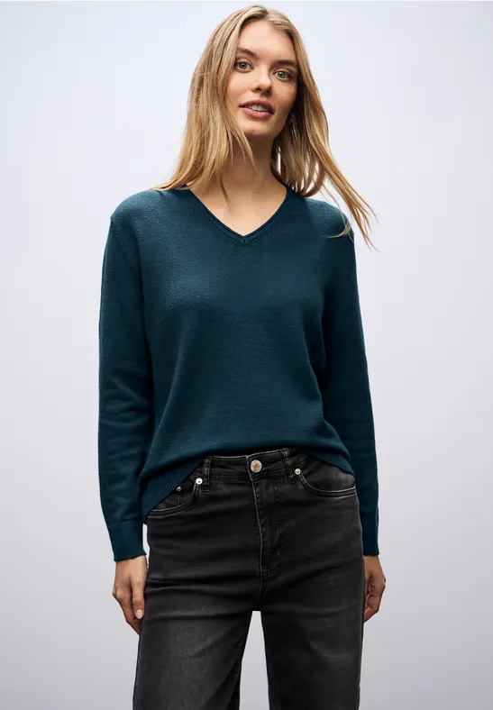 Gezellige trui met V-hals tide blue