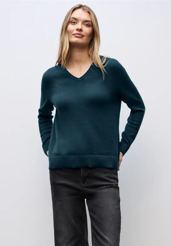 Gezellige trui met V-hals tide blue