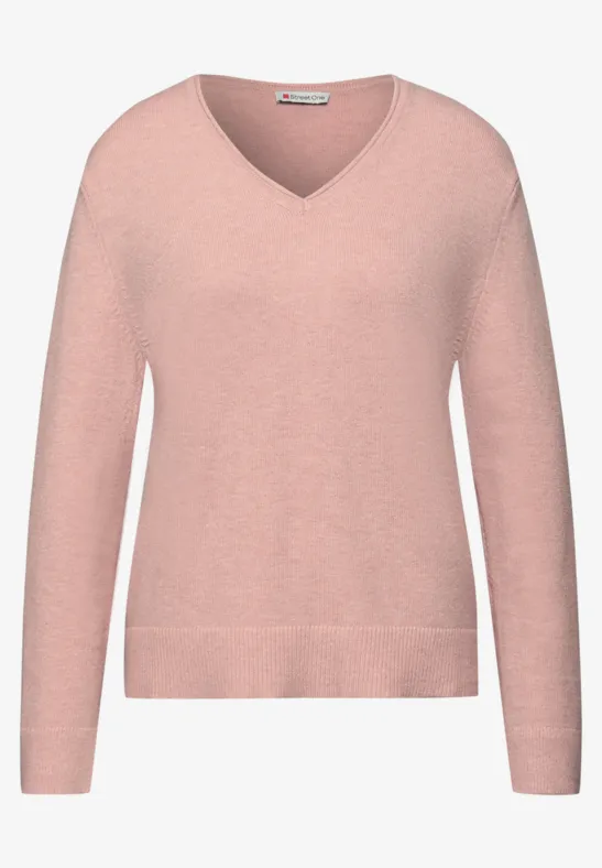 Gezellige trui met V-hals faded rose mel.