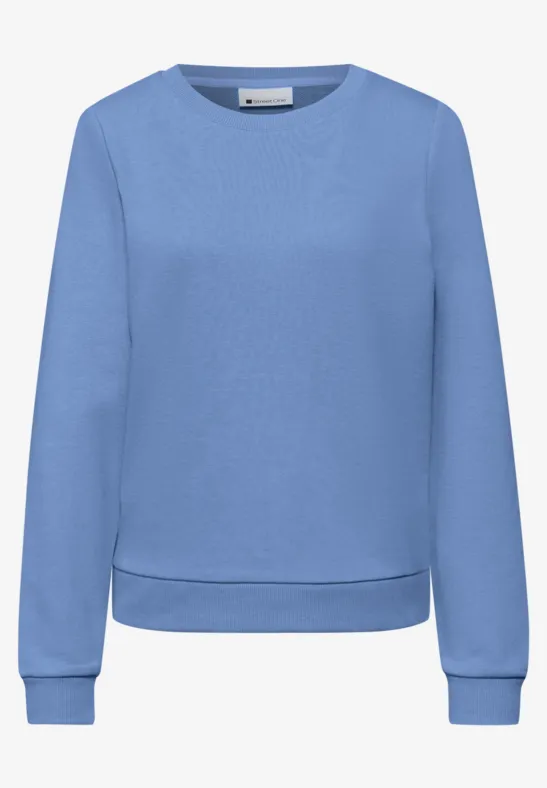 Hellblaues Sweatshirt mit Rundhalsausschnitt, langen Ärmeln und elastischen Bündchen.