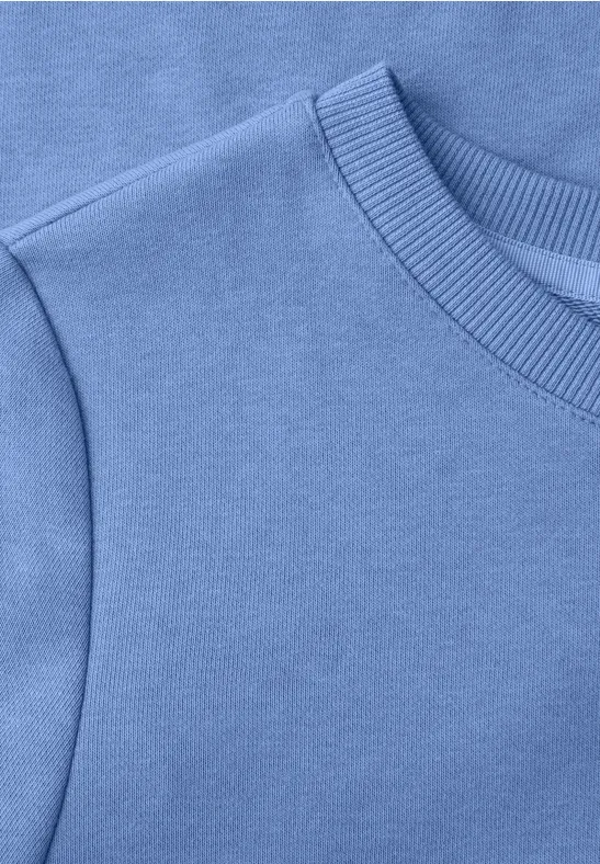 Hellblaues Sweatshirt mit Rundhals und schlichten Nähten.