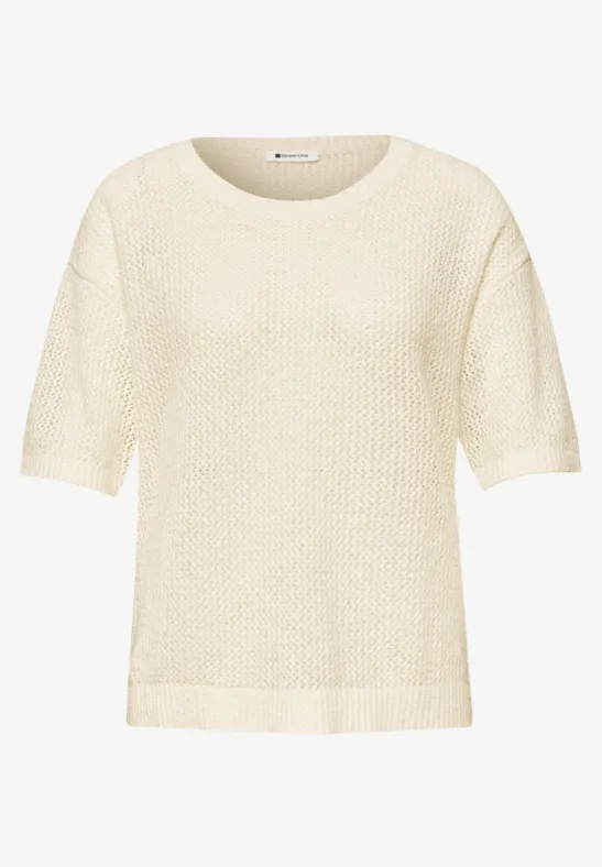 Beiger Kurzarm-Pullover mit feinem Strickmuster