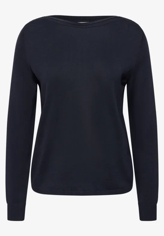 Dunkelblauer Pullover mit Rundhalsausschnitt und langen Ärmeln.