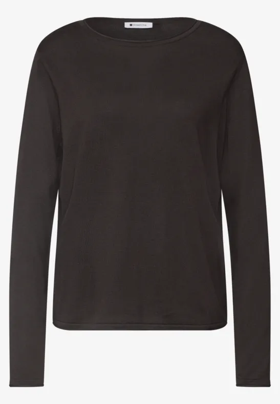 Zwart, eenvoudig langarmshirt met ronde hals