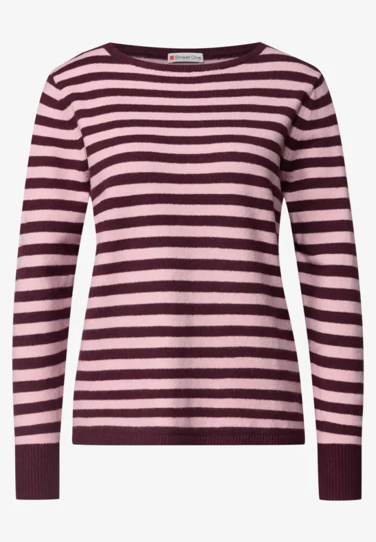 Ein gestreifter Langarm-Pullover in Rosa und Dunkelrot mit Rundhalsausschnitt.
