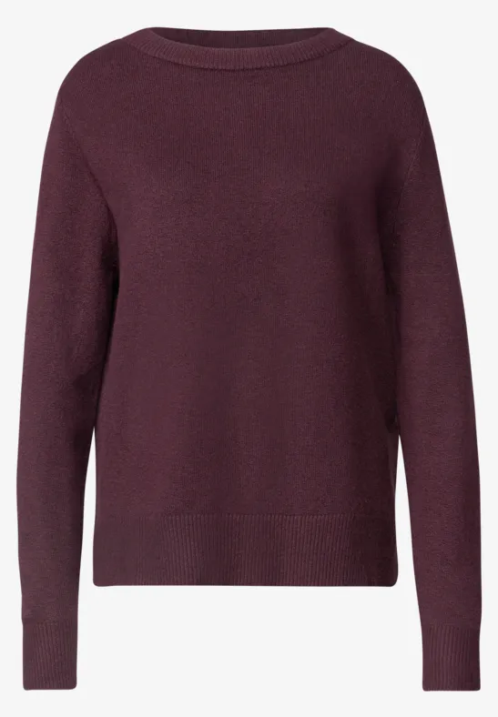 Bordeauxroter Pullover mit Rundhalsausschnitt, langen Ärmeln und schlichter Optik