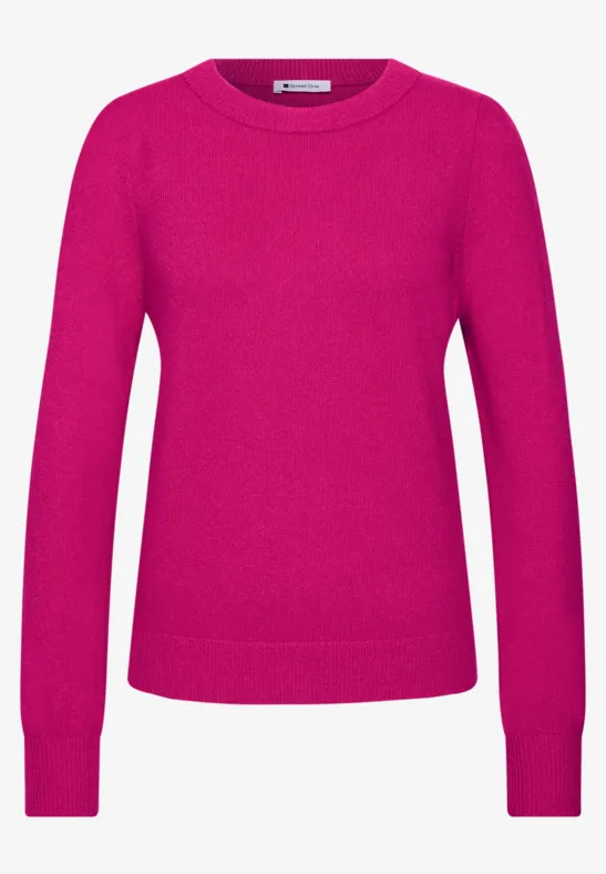 Ein schlichter, pinkfarbener Damenpullover mit Rundhalsausschnitt und langen Ärmeln.