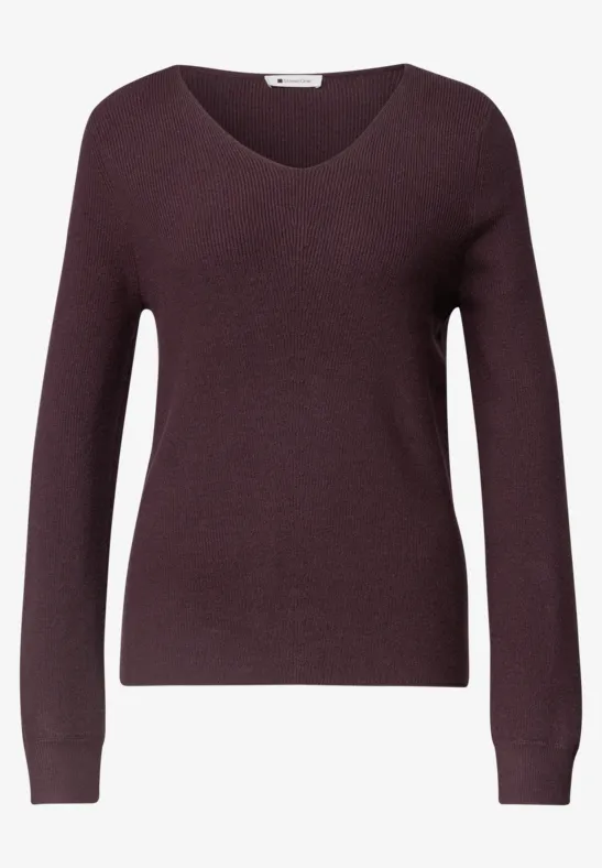 Dunkelroter, fein gestrickter V-Ausschnitt-Pullover mit langen Ärmeln.