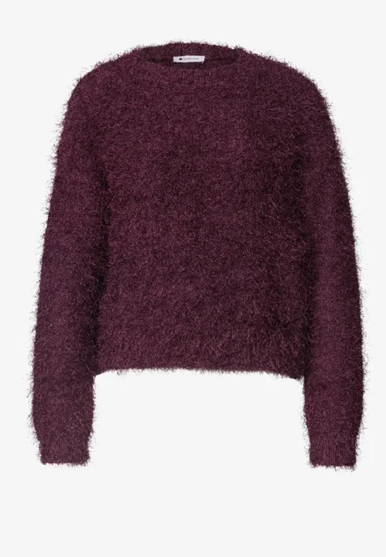 Kurz geschnittener, flauschiger Pullover mit Rundhalsausschnitt in dunklem Aubergine