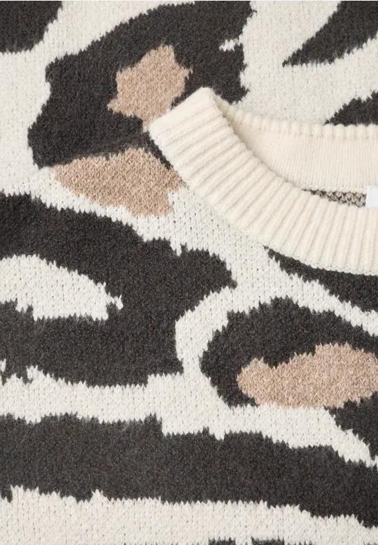 Gebreide trui met zebraprint in crème, zwart en bruin