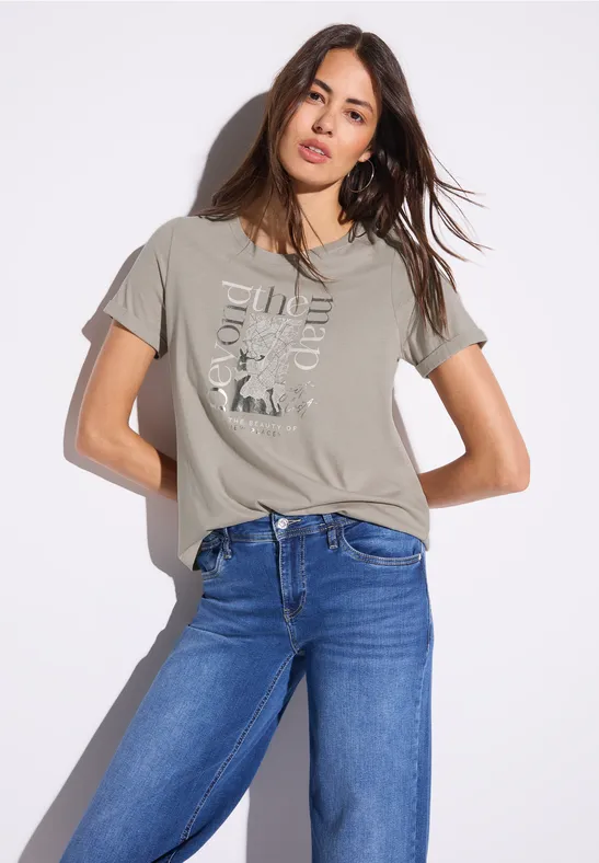 Shirt met foliedruk clay taupe