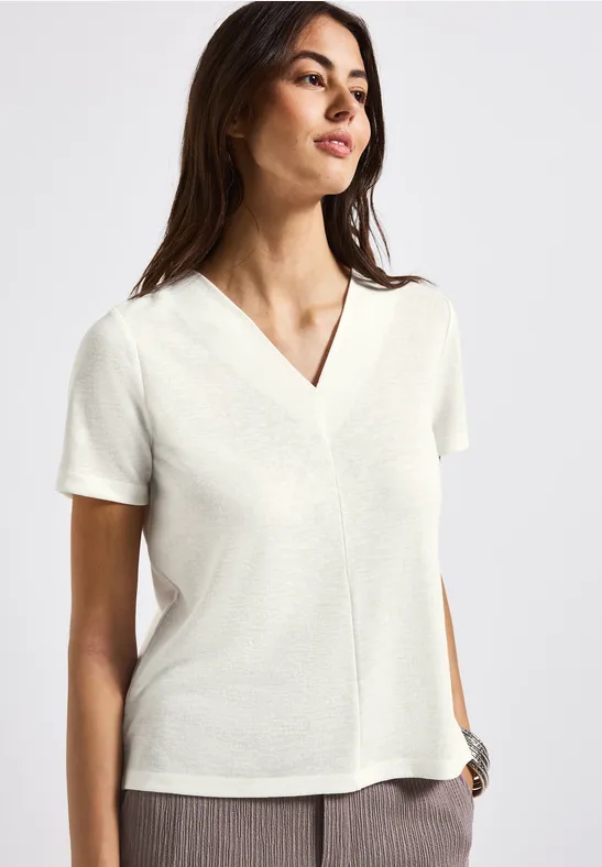 V-Neck Shirt in Leinen-Optik off white