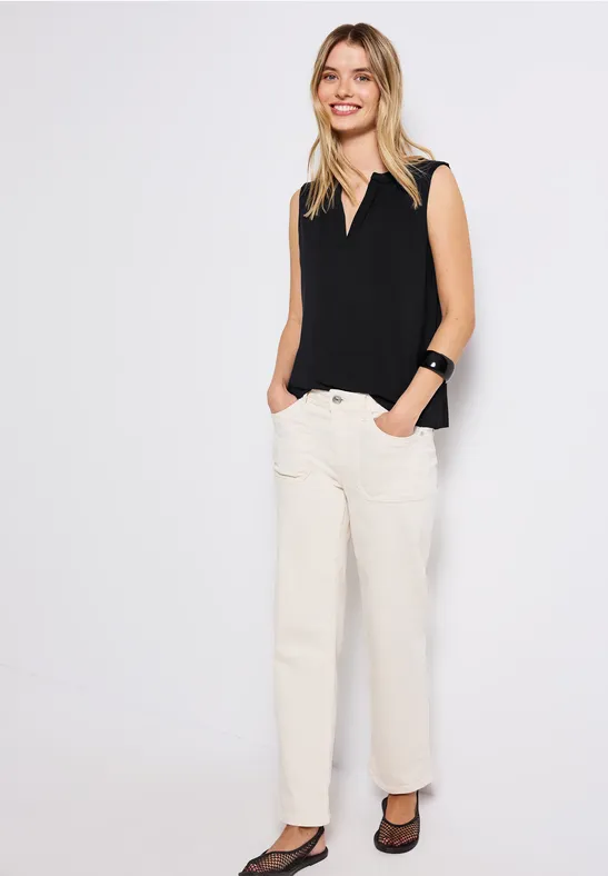 Split Neck Jersey-Top Black