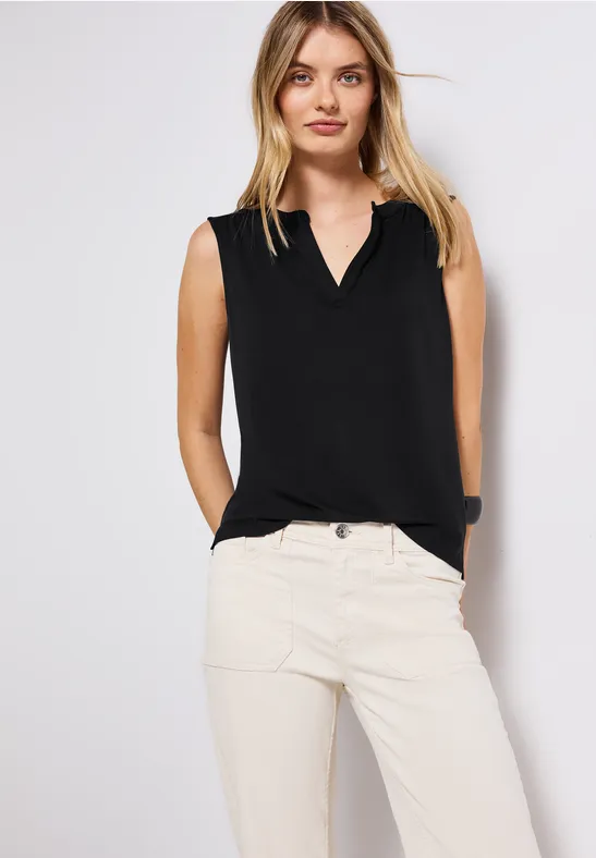 Split Neck Jersey-Top Black