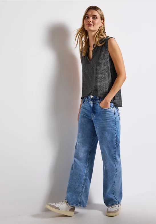 Tricot top met gespleten hals deepwater blue