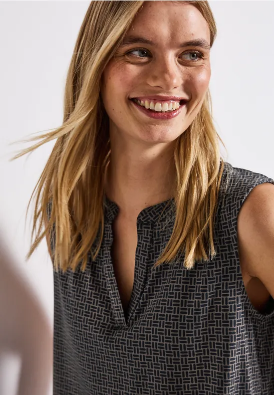 Tricot top met gespleten hals deepwater blue