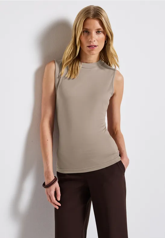 Silk-Look geribbelde top morning beige