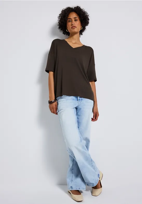 Strick-Look V-Neck T-Shirt deep roast brown