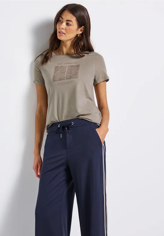 Shirt met kunstwerk en omslag morning beige